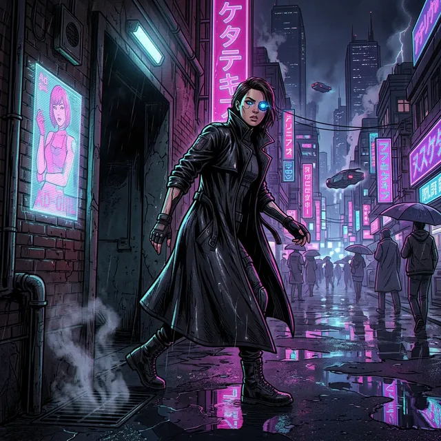 Cyberpunk-style AI comic panel sample generated with Comicory