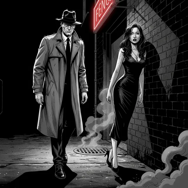 Noir (B&W)-style AI comic panel sample generated with Comicory