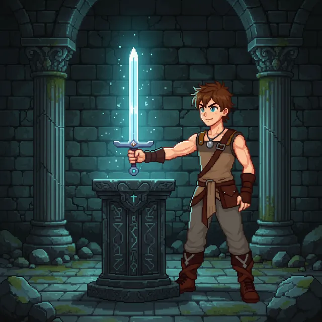 Pixel Art-style AI comic panel sample generated with Comicory