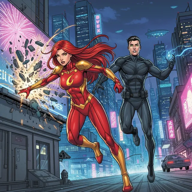 Superhero-style AI comic panel sample generated with Comicory
