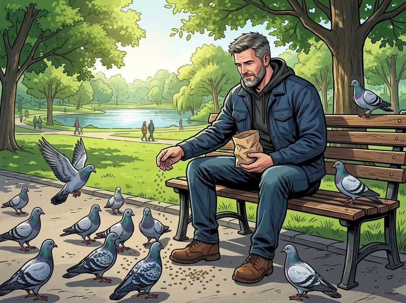Comic panel: the same man on a park bench feeding pigeons, same beard, jacket, hoodie and boots