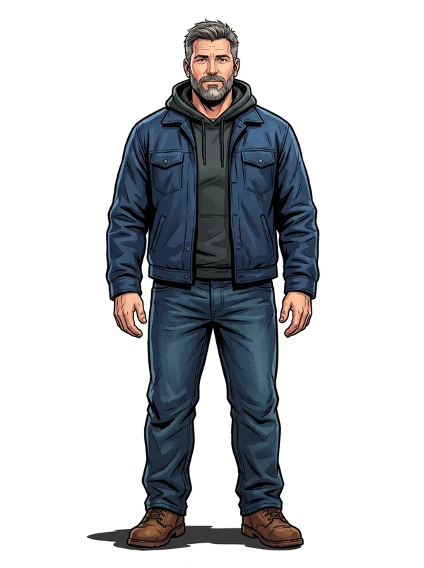 Portrait character reference drawn from the same description, the man filling a tall canvas from head to boots