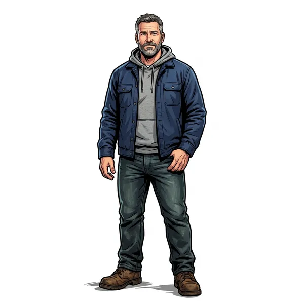 Square character reference: a bearded man in a navy work jacket and dark jeans, small in the middle of a wide white canvas