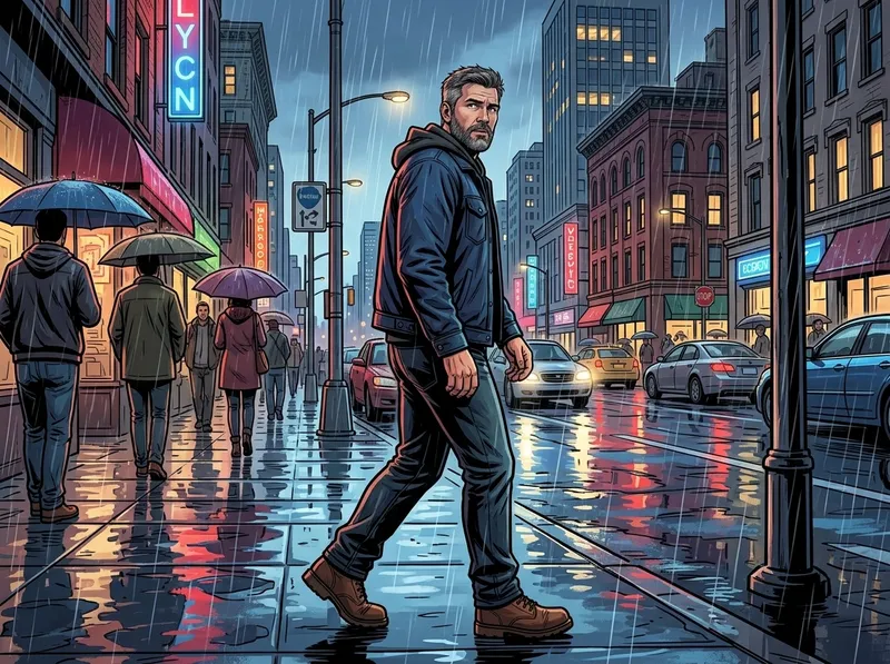 Comic panel: the bearded man in the navy jacket and grey hoodie walks along a rainy neon-lit street
