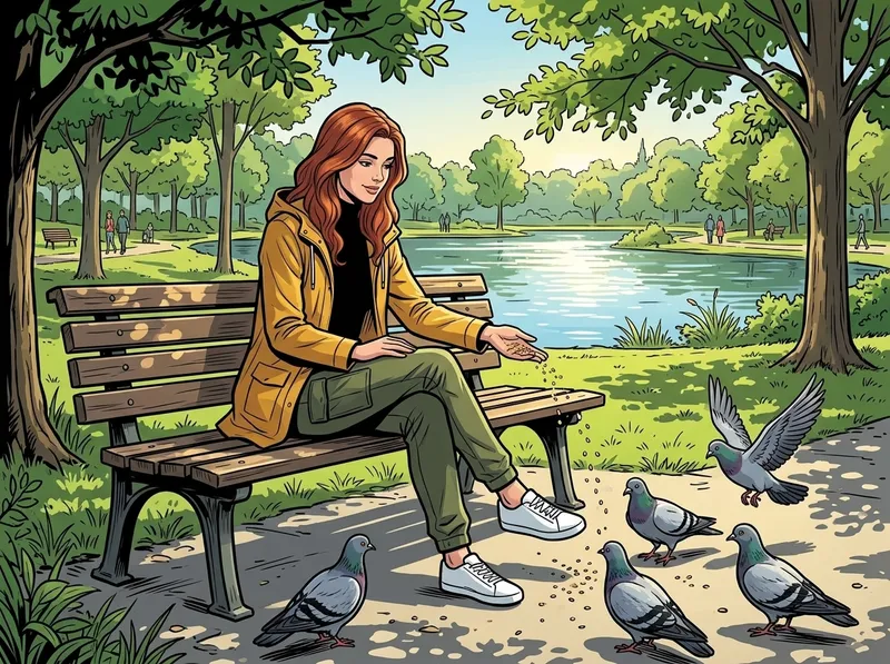 Comic panel: the same woman sits on a park bench feeding pigeons in sunlight, same raincoat, trousers and sneakers