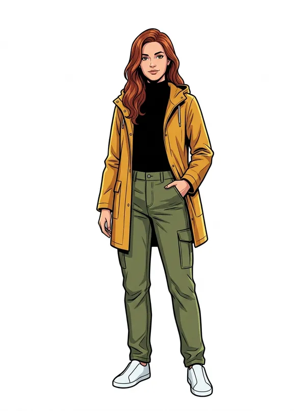 Character reference: a woman with long wavy auburn hair in a mustard-yellow raincoat, black turtleneck, olive cargo trousers and white sneakers, standing on a plain background