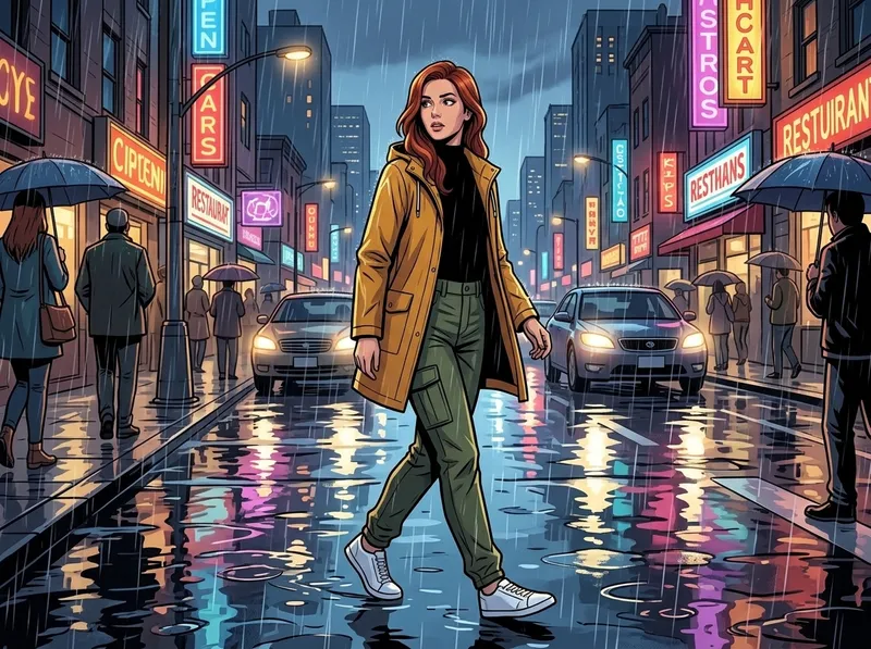 Comic panel: the same woman in the yellow raincoat walks down a rainy city street at dusk, neon signs reflected in the wet pavement