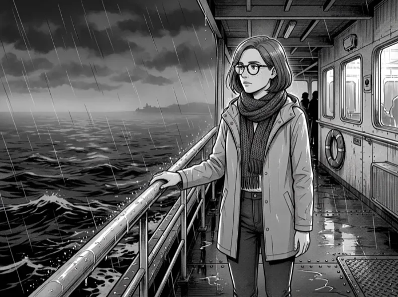 Black-and-white manga panel: the same woman reads a crumpled letter, eyes wide behind her round glasses, freckles and knit scarf visible