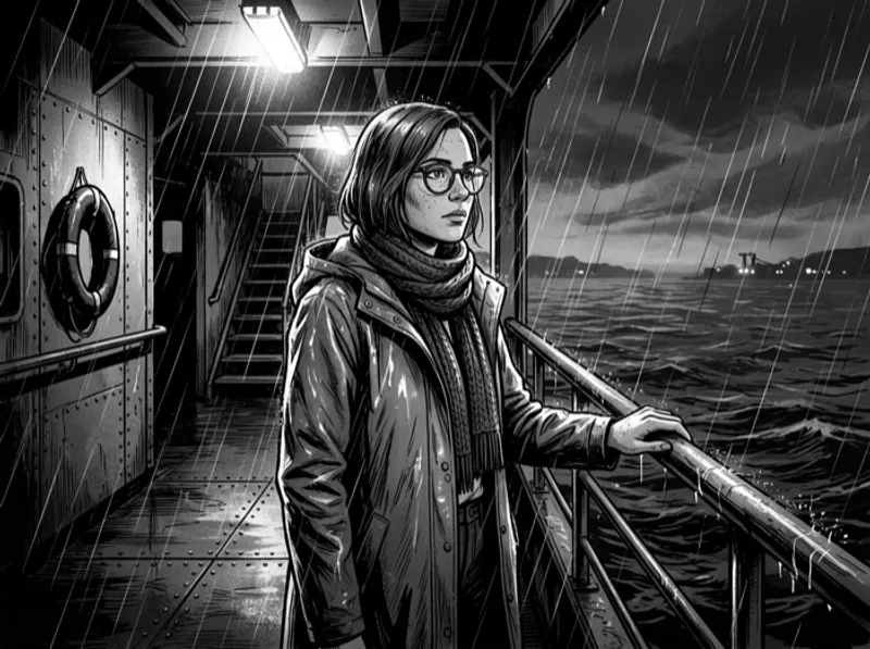 High-contrast noir panel: the same woman reads the letter in a dark rainy alley, same glasses, freckles, scarf and raincoat