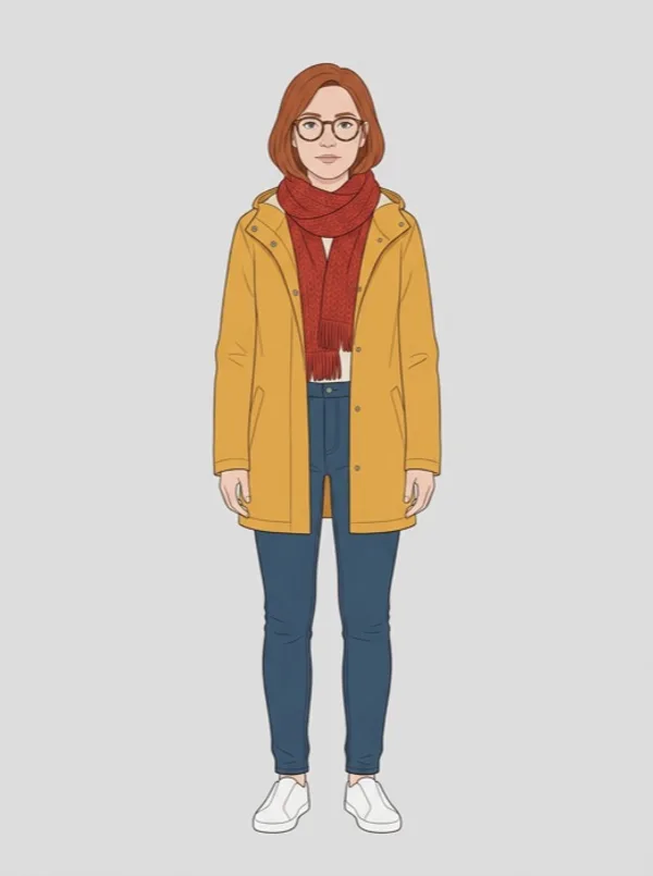 Neutral character sheet: a woman with an auburn bob, round tortoiseshell glasses and freckles, in a mustard-yellow raincoat, red knit scarf, blue jeans and white sneakers, standing on a plain grey background