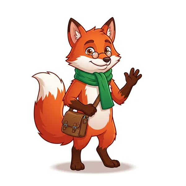 First reference of an anthropomorphic red fox with round spectacles, an emerald scarf and a leather satchel, no clothing on the legs