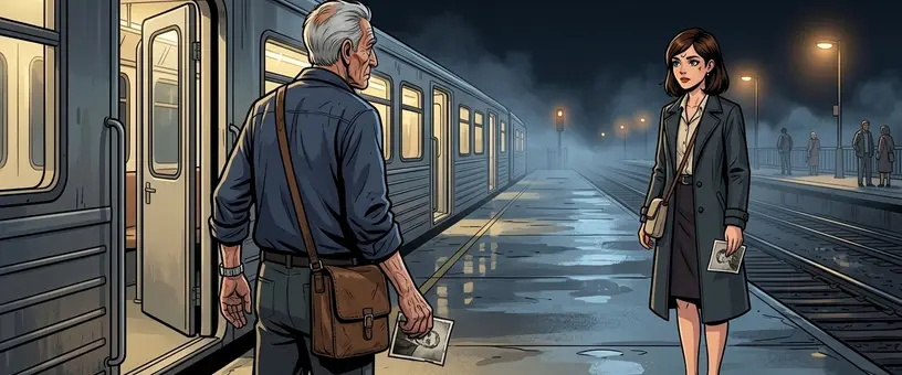 Un hombre mayor baja de un tren nocturno y una mujer joven lo espera en el andén con una foto en la mano