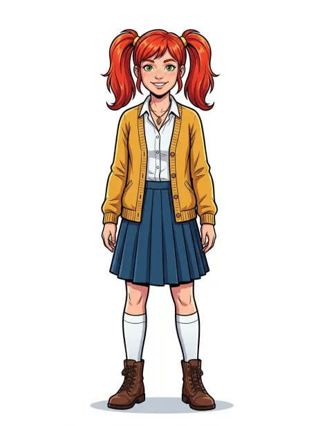 AI-generated character reference for Mira: full-body portrait with red twin tails, freckles, and a mustard cardigan