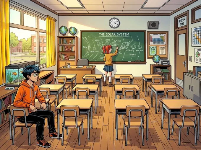 Comic panel of Mira writing at the chalkboard on the far side of the same classroom