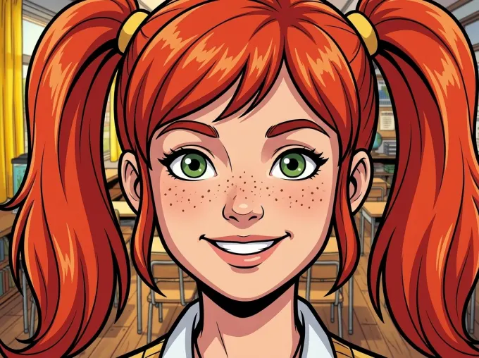 Extreme close-up comic panel of Mira's face with the same red twin tails, freckles, and green eyes