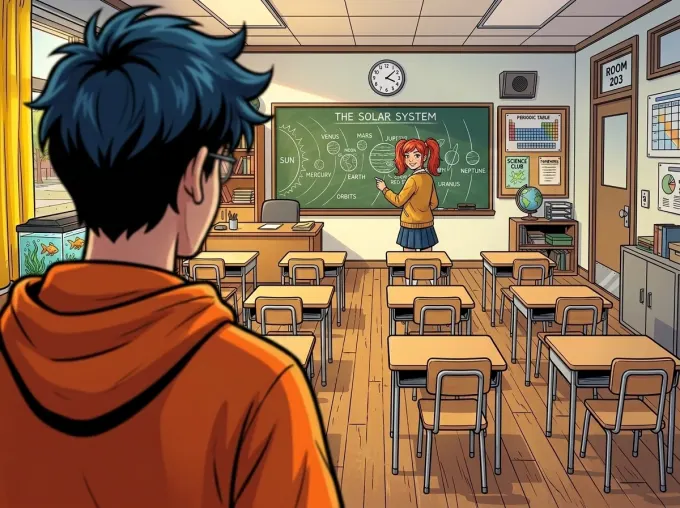 Over-the-shoulder comic panel looking past Kenji at Mira, both matching their reference sheets