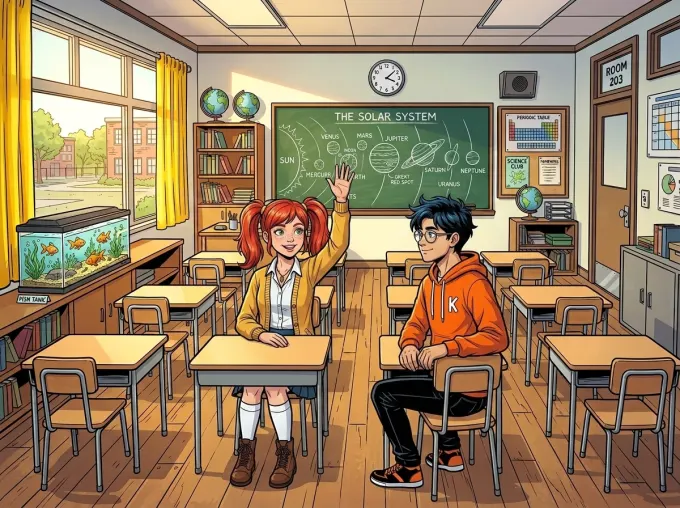Wide comic panel of Mira raising her hand in a classroom, matching her reference sheet