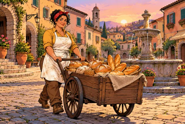 Rosa pushes her bread cart into an empty town square at dawn