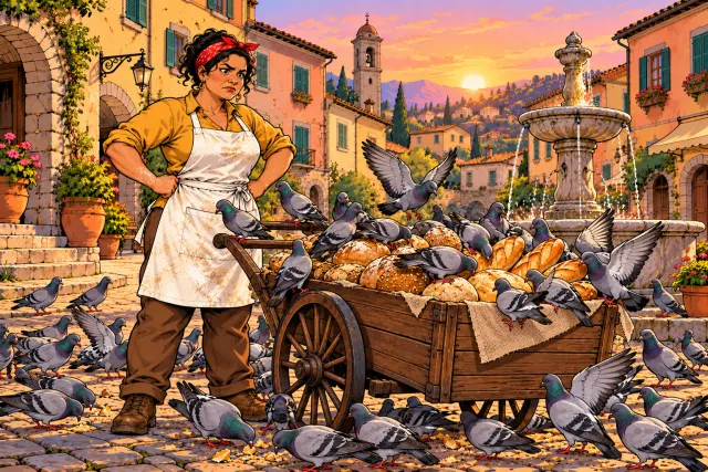 Pigeons cover the cart while Rosa frowns, hands on her hips