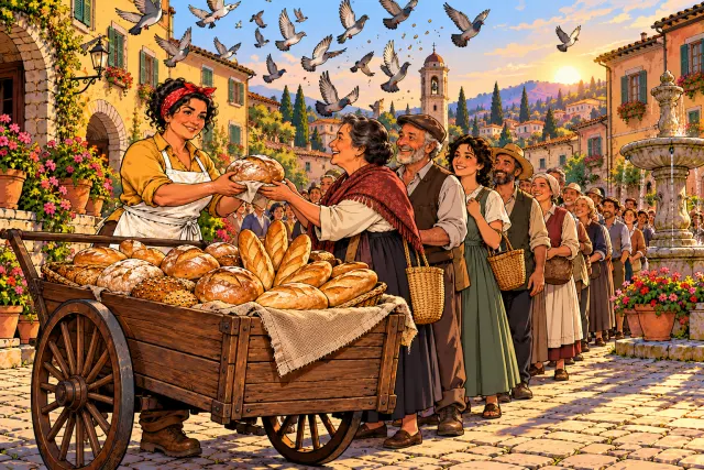 The pigeons fly off, revealing a line of customers at the cart