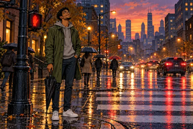 Comic panel of a man in the rain holding a closed black umbrella