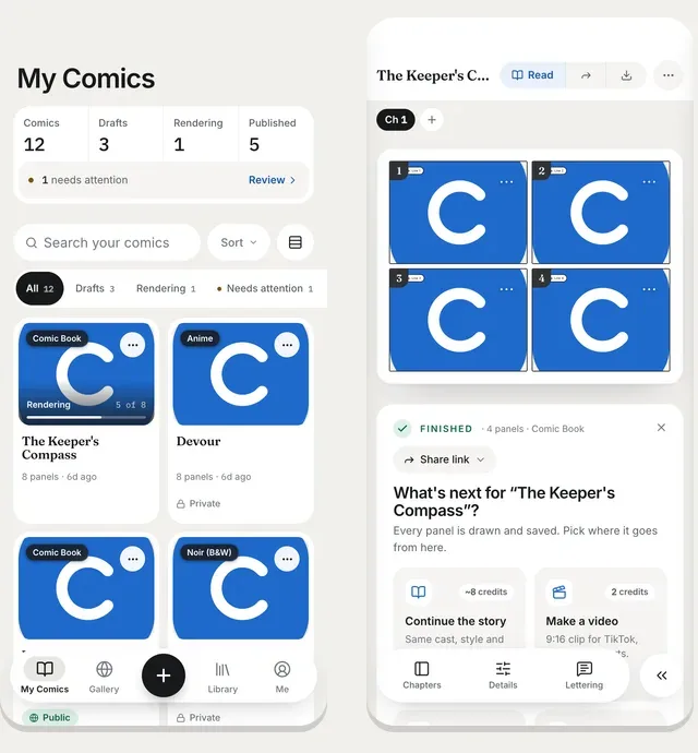 Comicory on a phone: the My Comics list and a finished comic