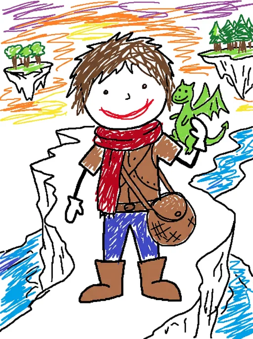 MS Paint style AI drawing of a smiling adventurer with a red scarf and a green dragon on their shoulder, scribbled with wobbly marker lines on a white background