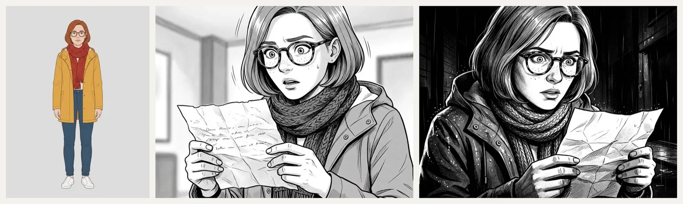 A plain character sheet of a woman in a mustard raincoat, then the same woman drawn in a manga panel and in a noir panel
