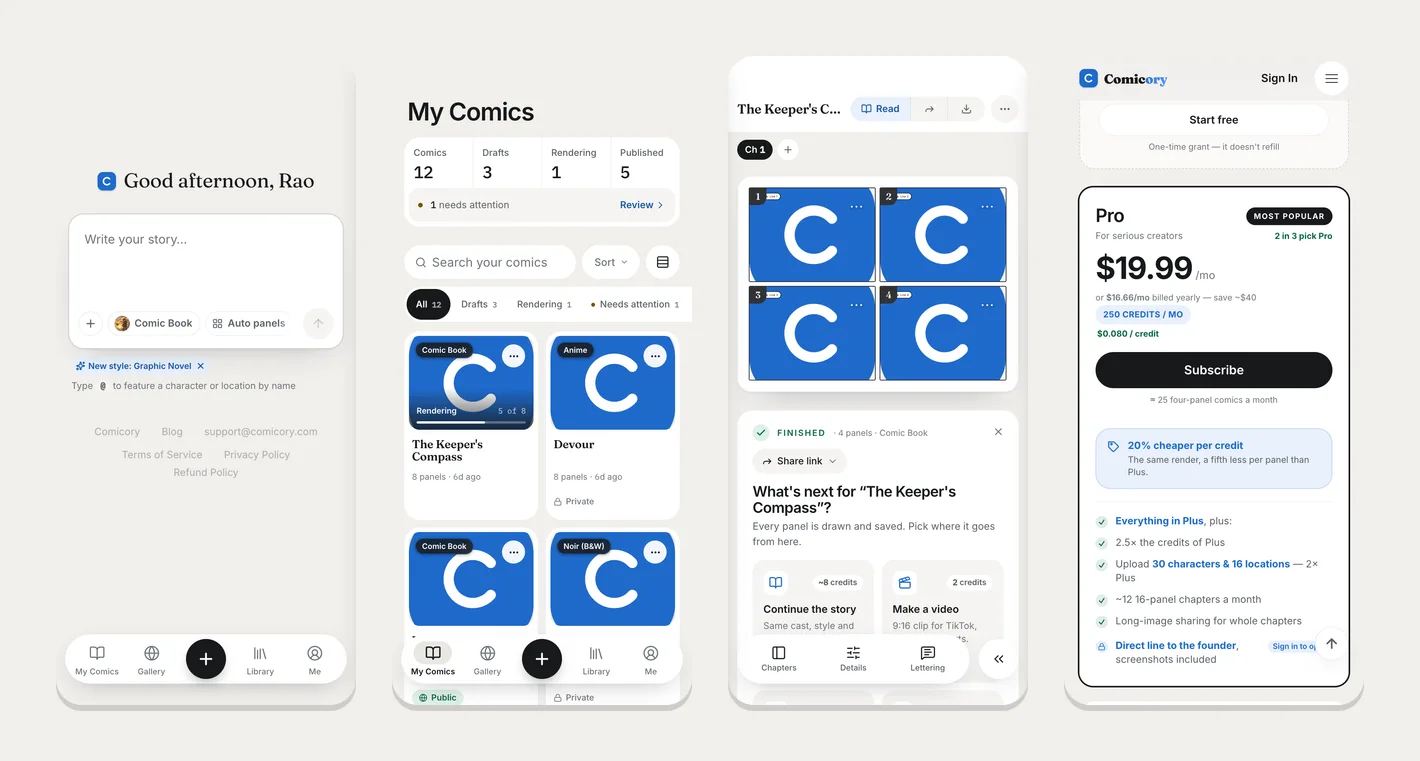 Four phone screens: the story editor with the bottom tab bar, My Comics in two columns, a finished comic with its tool bar, and the pricing page