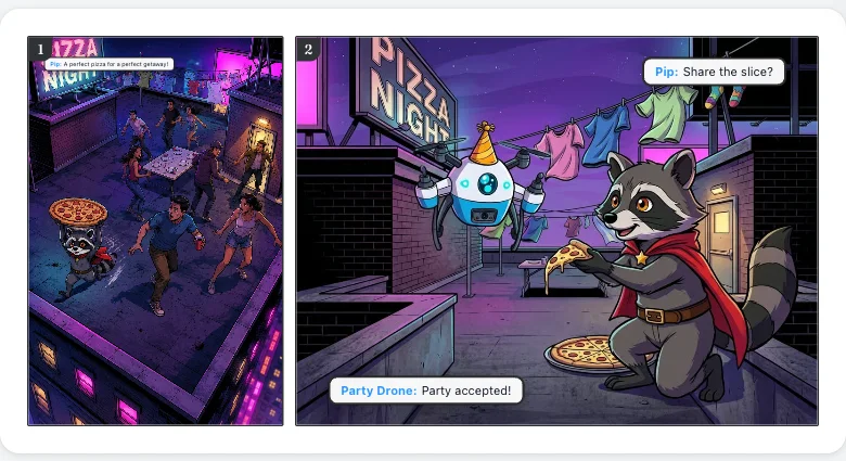 A two-panel comic page where the speech bubbles sit in the corners, away from the raccoon character's face