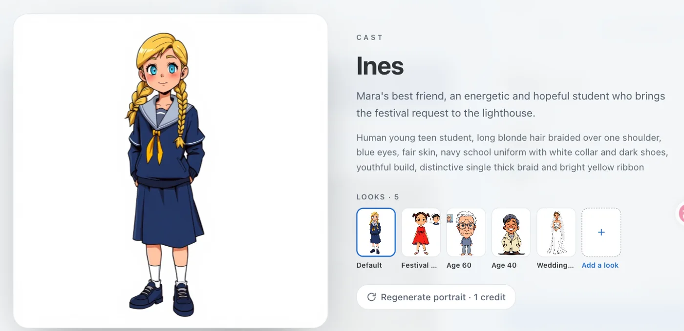 A character card in the comic studio showing five looks of the same girl: her default school uniform, a festival dress, herself at 60 and at 40, and a wedding dress, plus an Add a look button