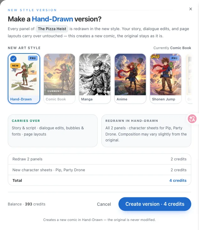 The New style version drawer: choose an art style, see what carries over and what is redrawn, and the credit total before creating the version