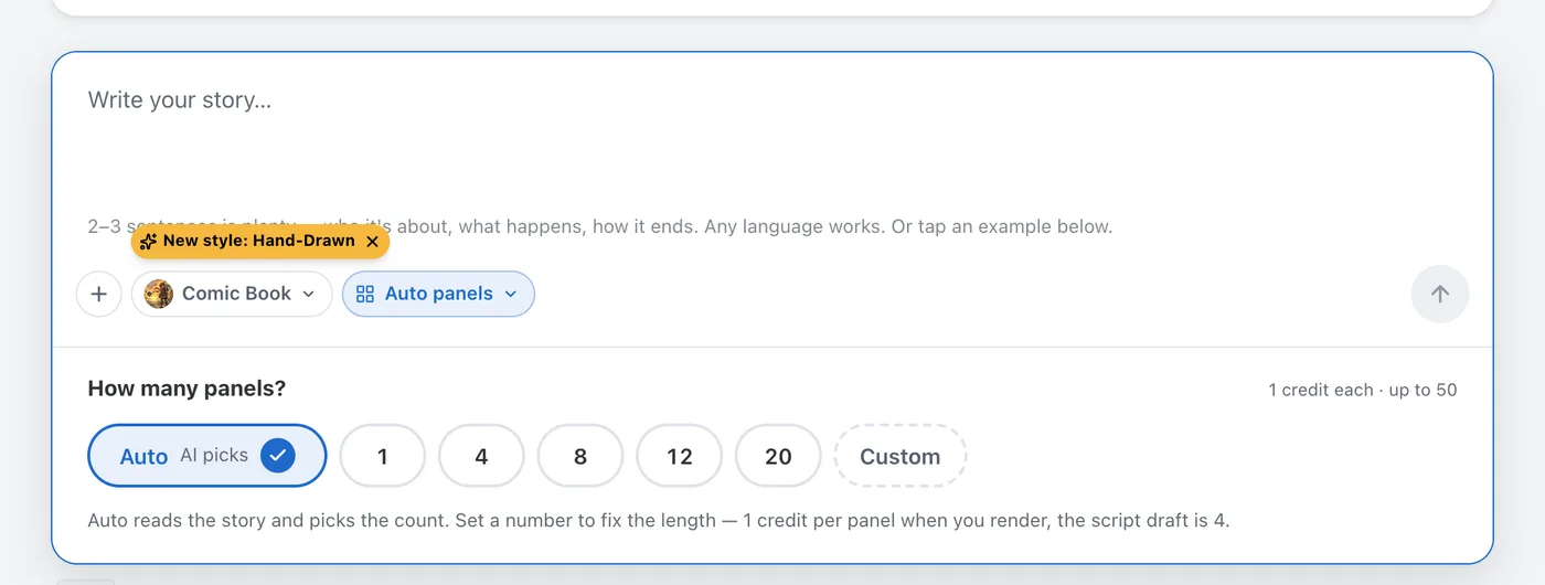 The panel-count picker expanded under the story box: Auto, 1, 4, 8, 12, 20 and a Custom option