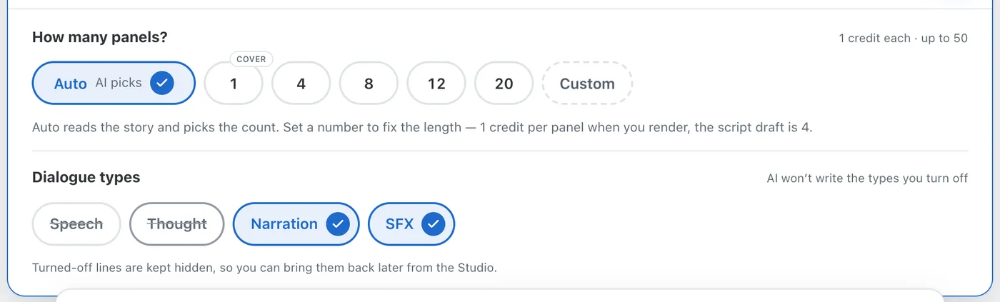 The story editor's panel settings with a new Dialogue types row: Speech and Thought turned off and struck through, Narration and SFX on with check marks