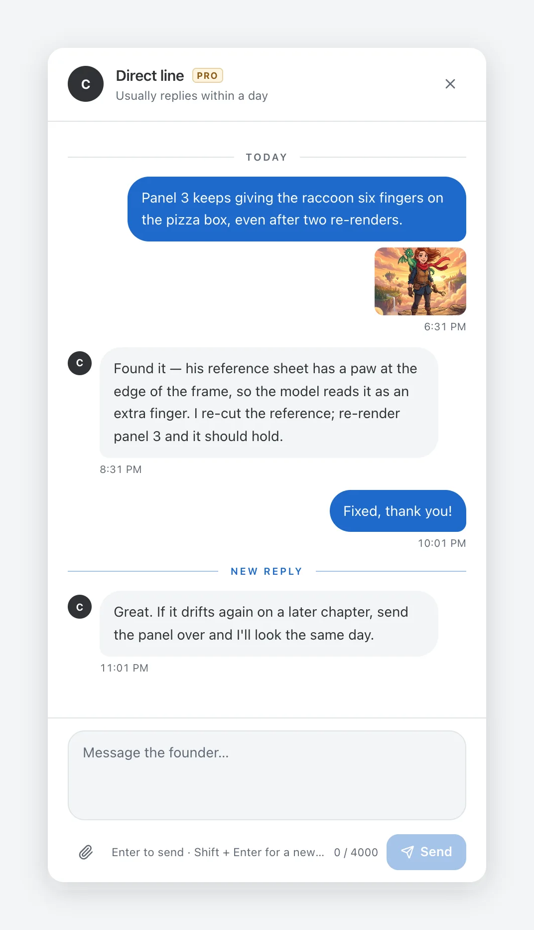 The Direct line panel: a subscriber reports a rendering glitch with a screenshot, and the founder replies in the same conversation