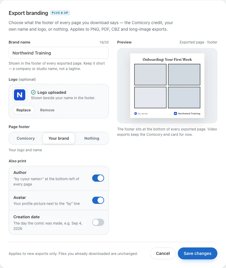 Export branding settings: brand name, logo upload, page footer choice (Comicory / Your brand / Nothing) and toggles for author, avatar and creation date, with a live footer preview