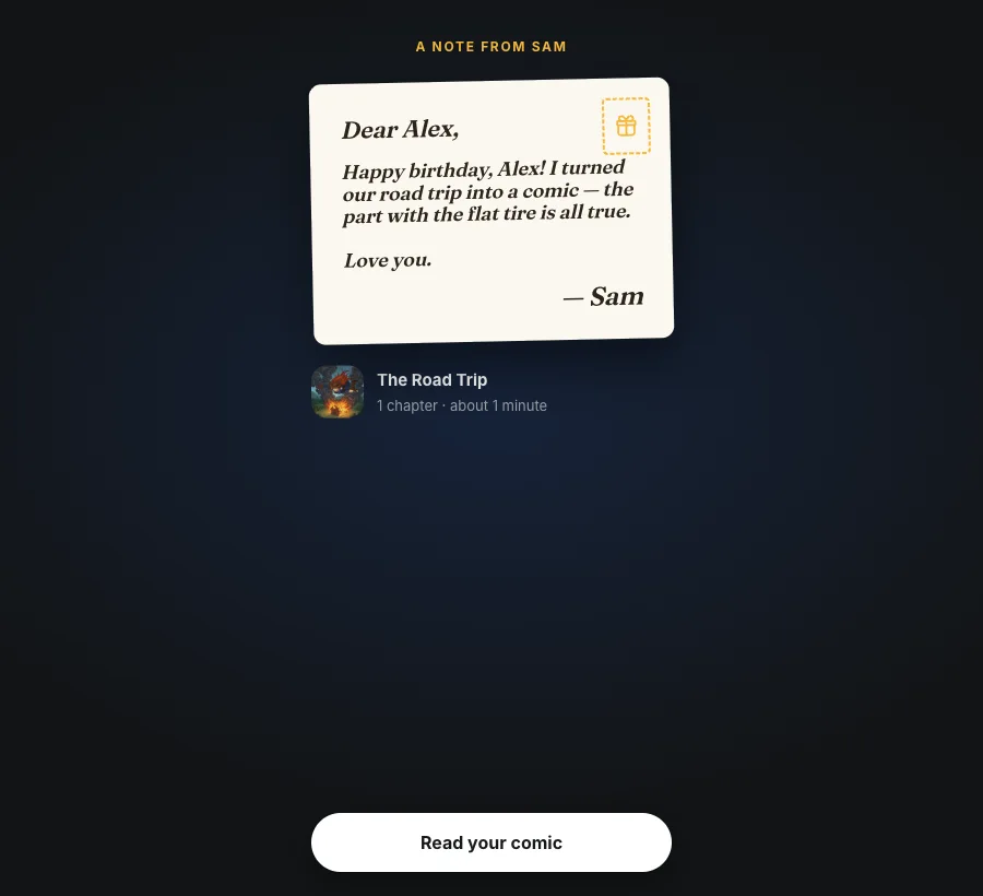 The sender's handwritten-style note shown above the comic, with a Read your comic button