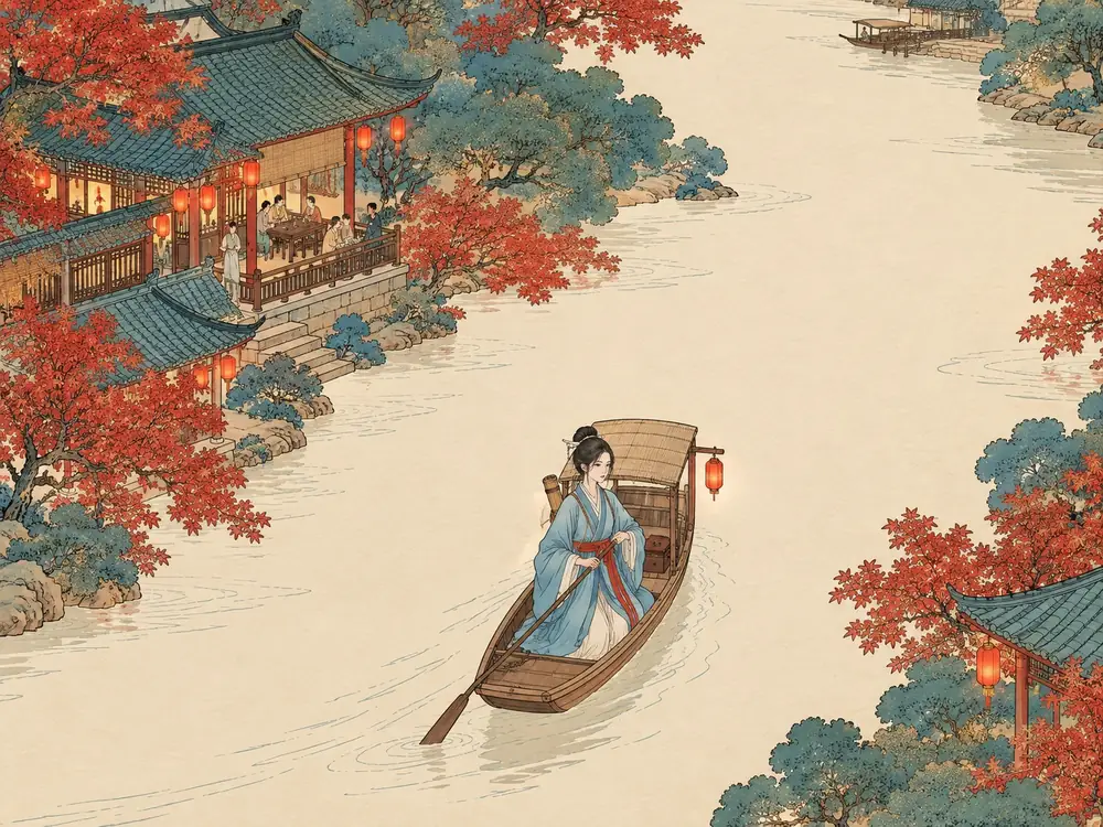 Gongbi style sample: a young scholar in a pale blue robe rows a small boat down a cream-paper river past a teahouse with blue-green roofs, red lanterns and red maples