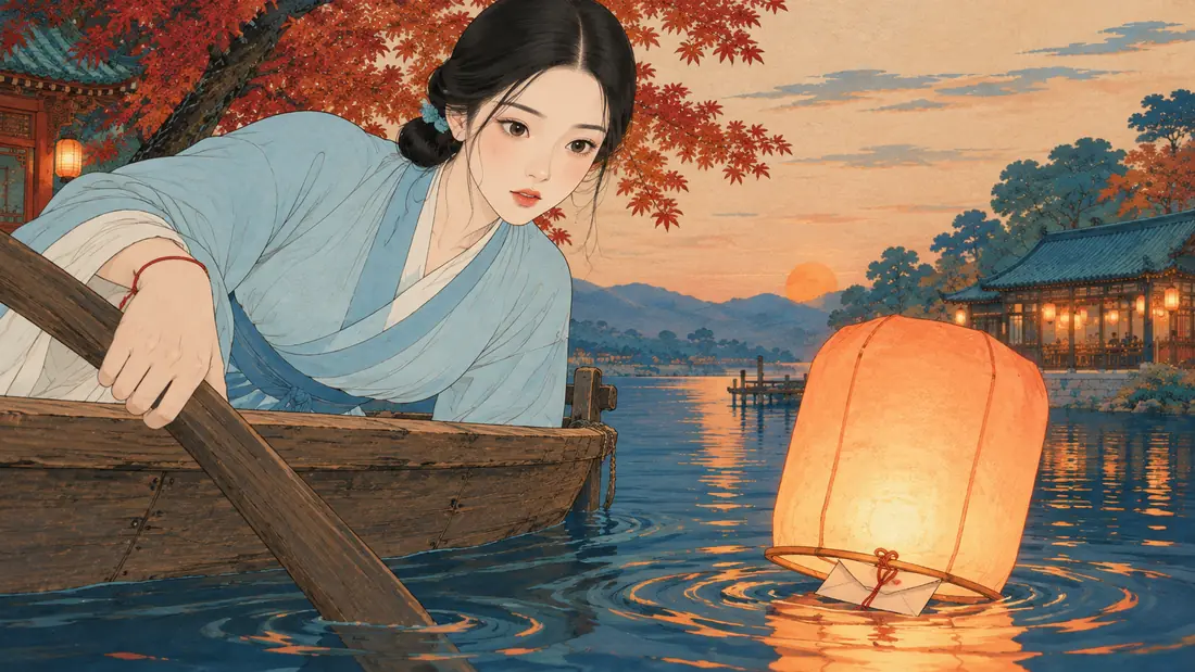 Gongbi style close-up: the same scholar leans from her boat at dusk as a glowing paper lantern carrying a folded letter drifts toward her