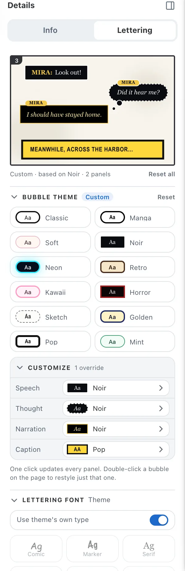 The Lettering tab: a live preview panel with a speech bubble, a thought bubble, a character narration box and a narrator caption, above a grid of twelve theme chips and a Customize list showing Noir for speech, thought and narration and Pop for the caption