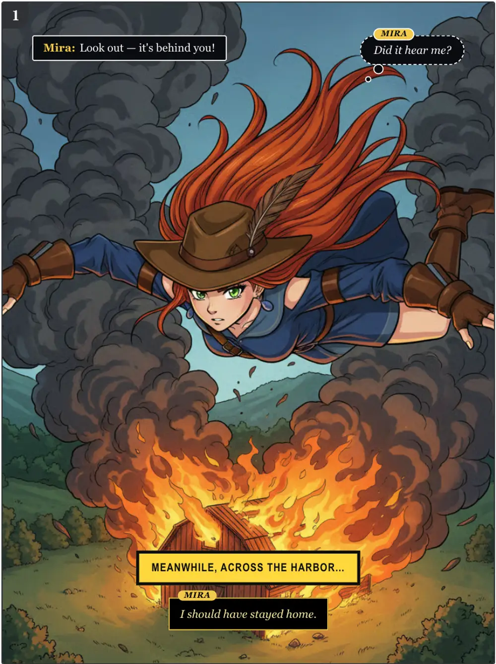 A comic panel of a red-haired adventurer flying over a burning barn, lettered with black Noir speech and thought bubbles and a yellow uppercase Pop caption