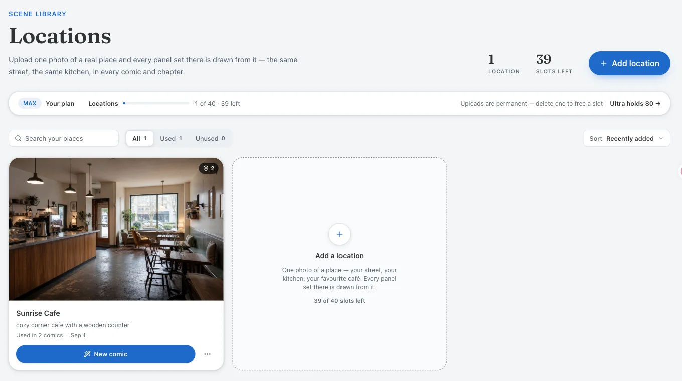 The Locations library page with one uploaded café photo and an Add a location card