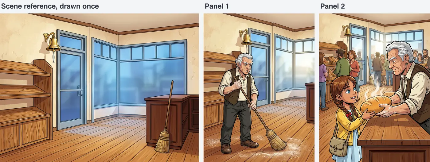 Three images side by side: the empty bakery scene reference, then panel 1 with the baker sweeping the same floor, then panel 2 with the same shop full of customers