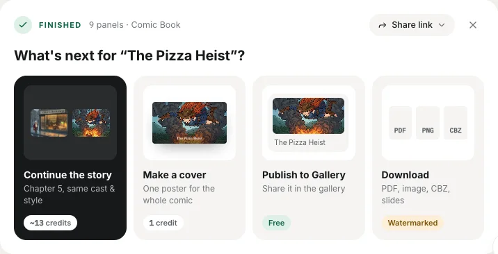 The What's next card with Continue the story, Make a cover, Publish and Download