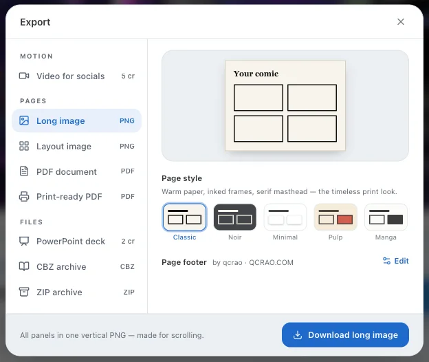 The Export dialog showing the five page styles: Classic, Noir, Minimal, Pulp and Manga, with a preview of the Classic look