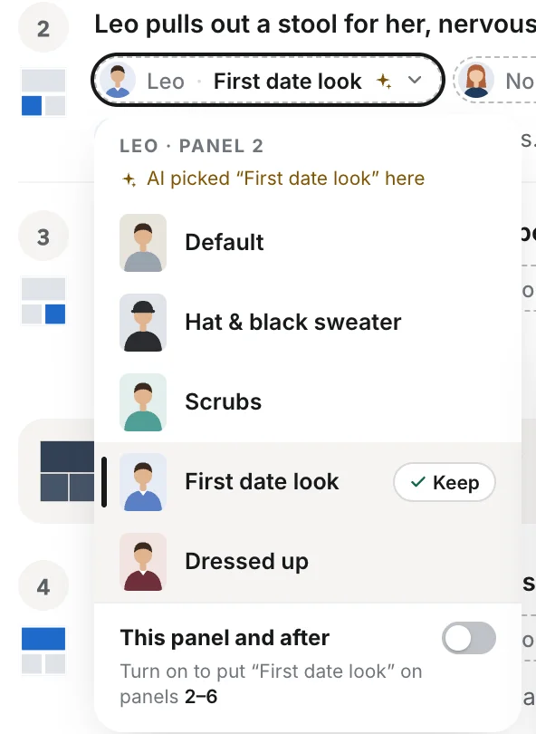 A character's look menu on the script page, listing five outfits with a This panel and after switch