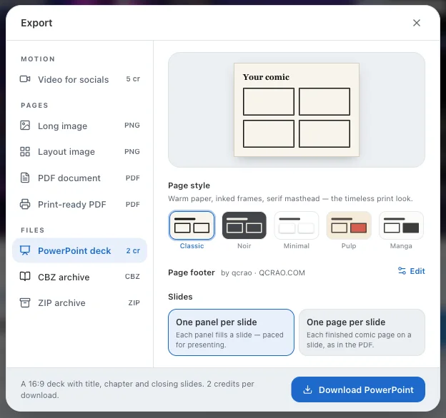 The Export dialog with PowerPoint deck selected: page style, footer, and a choice between one panel per slide and one page per slide