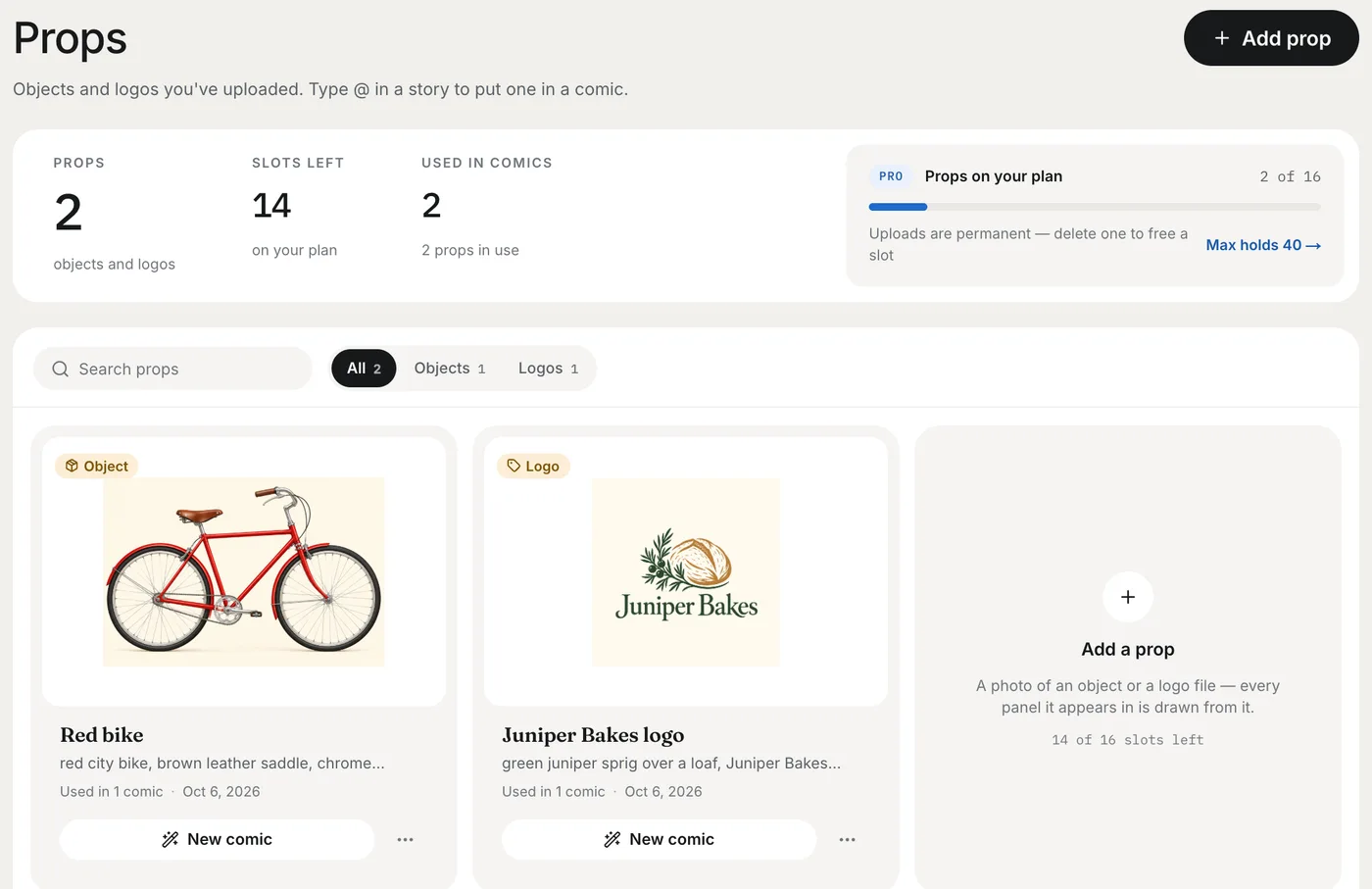 The Props library with a red bike uploaded as an object and a bakery logo uploaded as a logo