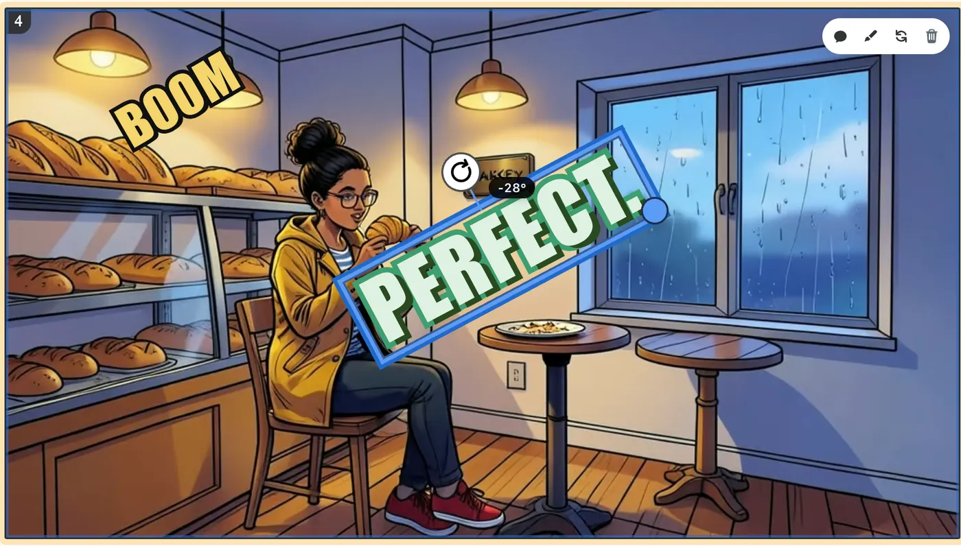 A comic panel with two sound-effect words, BOOM in yellow and PERFECT. in mint green, the second one selected with a rotate handle and a −28° readout