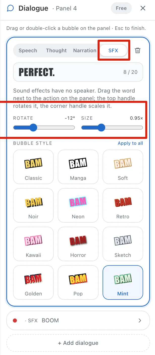 The Dialogue drawer with the SFX type selected, showing the Rotate and Size sliders and a grid of twelve bubble-style previews reading BAM